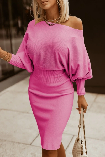 Adele Off Shoulder Sweater Dress in Rose Pink | Poundton | Rose Pink / L