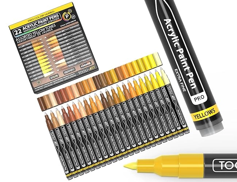 marqueur peinture acrylique Ensemble de 22 marqueurs assortis de la série Pro Color, pointe extra fine de 0,7 mm pour la peinture sur roche, le verre, les tasses, le bois, le métal, la toile(jaune)
