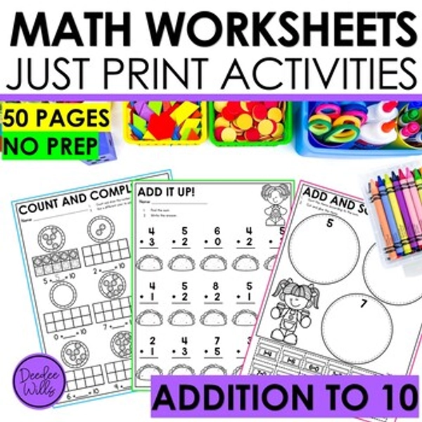 Addition to 10 Math Worksheets Kindergarten No Prep Activities Practice