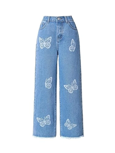 Floerns Girls High Waisted Straight Leg Jeans Denim Long Pants with Pocket - 12 Years - Blue Butterfly