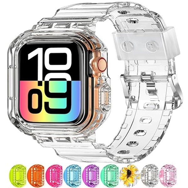 XYF Compatible for Crystal Clear Apple Watch Bands, 45mm 44mm 46mm 42mm 41mm 40mm 38mm 49mm Bumper Case for Men Women Jelly Sport Case Band for iWatch Ultra 2/1 Series 10 9 8 7 SE 6 5 4 3 2 1 - Clear - 46mm-Series 10