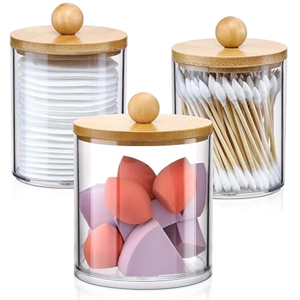 3 Pack Qtip Holder Dispenser with Bamboo Lids - Apothecary Jar Containers for Vanity Organizer Storage - Bathroom Accessories Set for Cotton Swab, Ball, pads, floss