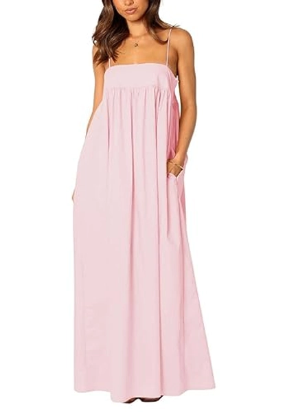ebossy Women's Summer Backless Tied Spaghetti Straps Casual Loose Cutout Maxi Dress with Pockets - X-Small - Pink