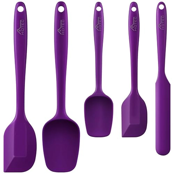 HOTEC High Heat Resistant Food Grade Silicone Rubber Spatula Set for Baking, Cooking, and Mixing Non Stick Dishwasher Safe BPA-Free Purple Set of 5 - Purple