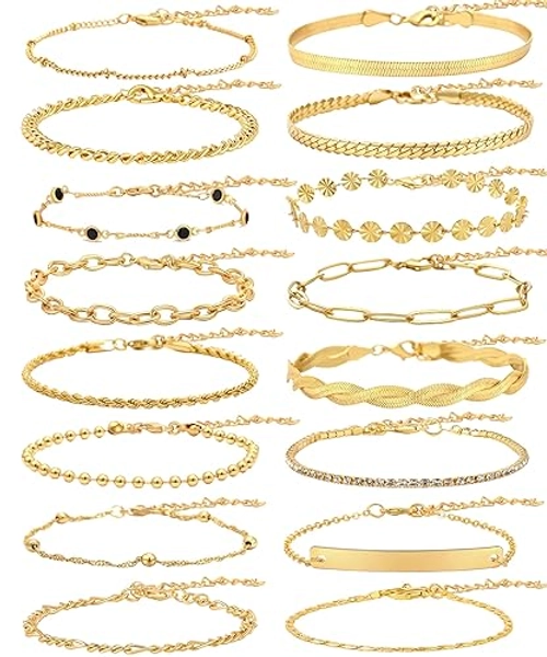 CASDAN 16Pcs Gold Bracelet Sets for Women 14K Gold Plated Adjustable Stackable Cuban Link Paperclip Chain Bracelet Dainty Gold Layered Bracelet Fashion Jewelry - 16Pcs