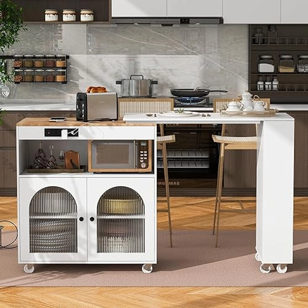 Wanttii Rolling Kitchen Island, 75.3” Kitchen Island Cart with Storage, Side Table on Wheels with Large Worktop, Cabinet and Charging Station for Kitchen, Dinning Room (XKS001W) - XKS001W