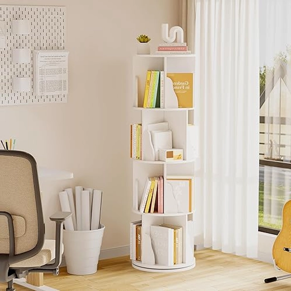 Furniwell 4-Tier Rotating Bookshelf and Bookcase, 360° Display Stackable Spinning Book Shelf Tower with Raffle, Floor Standing Corner Shelf for Living Room, Study Room(16" W*16" D*51" H) - 16"W*16"D*51"H
