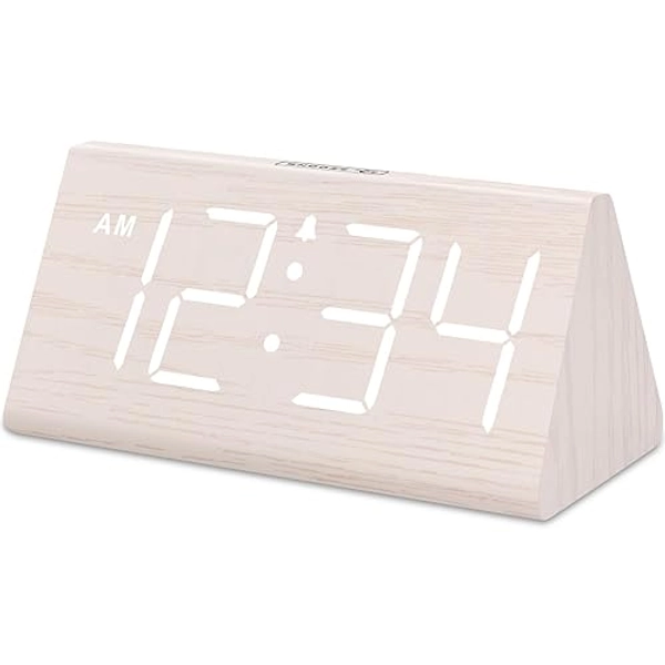 DreamSky Wooden Digital Alarm Clock for Bedroom - Living Room Desk Clock with Large Numbers, Bedside Nightstand Clock with USB Port, Adjustable Volume, Dimmer, Snooze, DST, Office Wood Décor, Gifts - White
