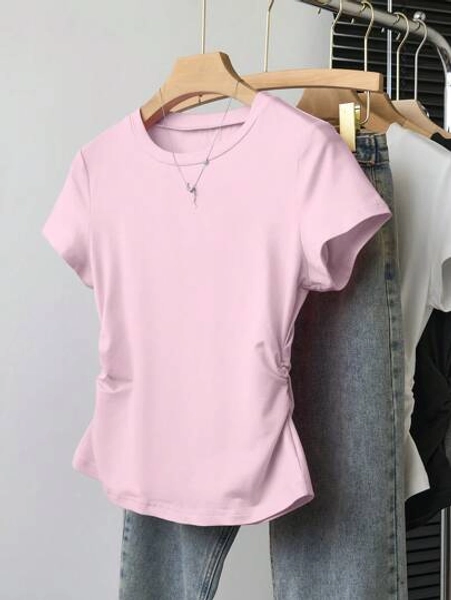 SHEIN Tween Girls Casual Simple Pleated Waist Short Sleeve T-Shirt, Versatile