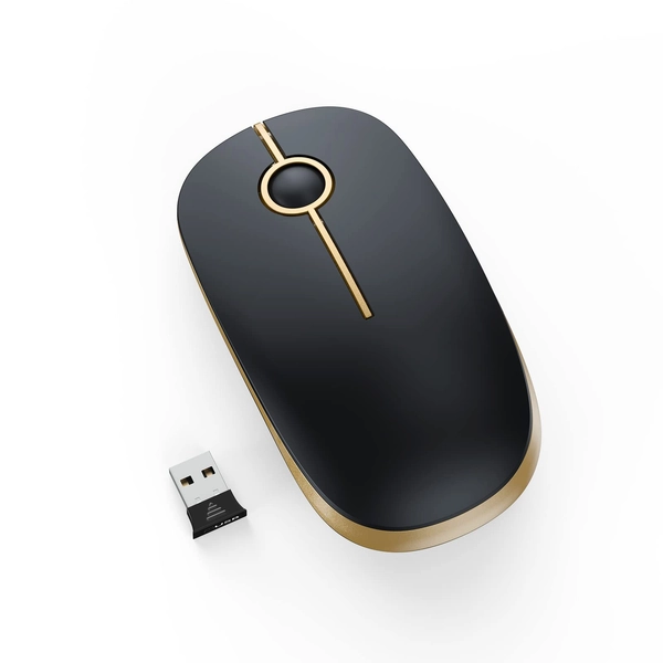 PryRose Silent Wireless Mouse, 2.4G Slim Travel Mouse with USB Receiver, Quiet Click Protable Computer Mice for Laptop PC Mac, Comfortable Texture, Black & Gold