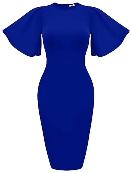 Memoriesea Women's Basic Bodycon Ruffle Flared Short Sleeve Pencil Midi Dress - Medium - Royalblue