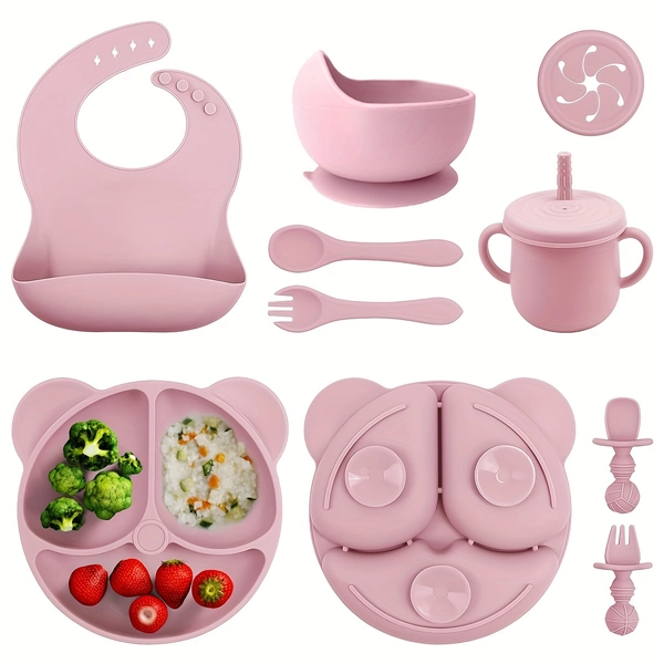 Juego de alimentación para bebés de 10 piezas sin BPA, estampado de animales rosa, incluye divisores con ventosa, cuchara, tenedor, vaso con caña, babero, seguro para microondas y horno, suministros para alimentación dirigida por el bebé