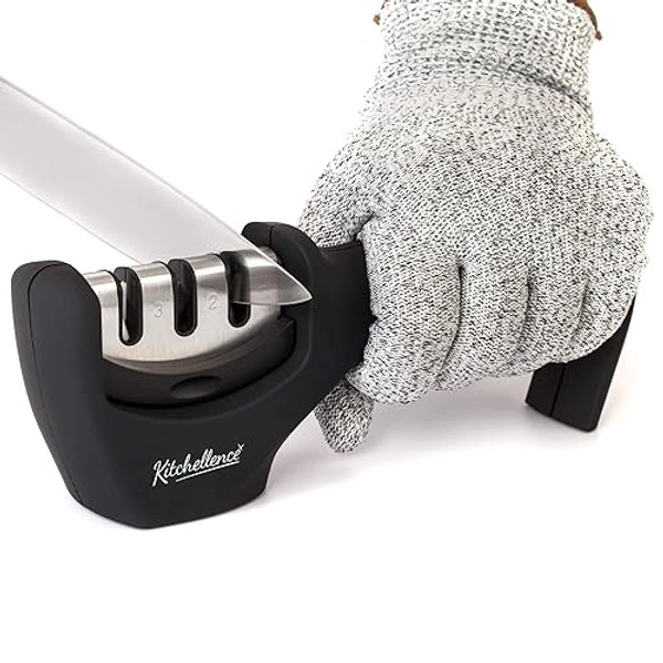 4-in-1 Kitchen Knife Accessories: 3-Stage Knife Sharpener Helps Repair, Restore, Polish Blades and Cut-Resistant Glove (Black) - Black