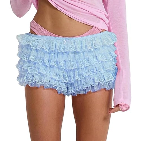 Womens Lace Trim Layered Ruffle Lolita Bloomers Coquette Sexy Boy Shorts Y2k Bubble Frilly Pumpkin Fairy Bottoms - Ruffle Blue - Small
