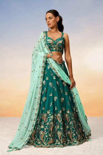 Green Georgette Lehenga Choli with Sequins Embroidery