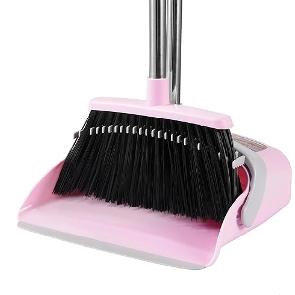 Broom and Dustpan Set, Outdoor Broom Dustpan Combo Set Home Commercial Cleaning Supplies Angle Broom with Long Handle Perfect for Courtyard Garage Street Pink - Medium