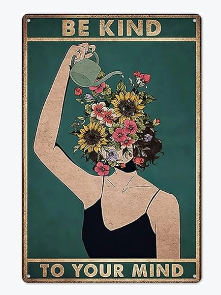 Fmcmly Be Kind to Your Mind Vintage Tin Signs Hippie Boho Wall Art Encouragement Gifts for Women Home Office Bedroom Living Room Cafes Wall Decor 8x12 Inch