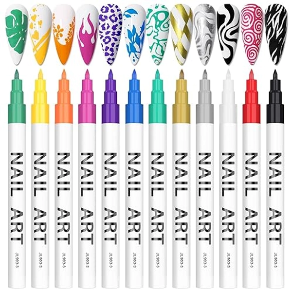 12 Color 3D Nail Art Pens Set, Kalolary Nail Point Graffiti Dotting Pen Drawing Painting Liner Brush for DIY Nail Art Beauty Adorn Manicure Tools (A) - A