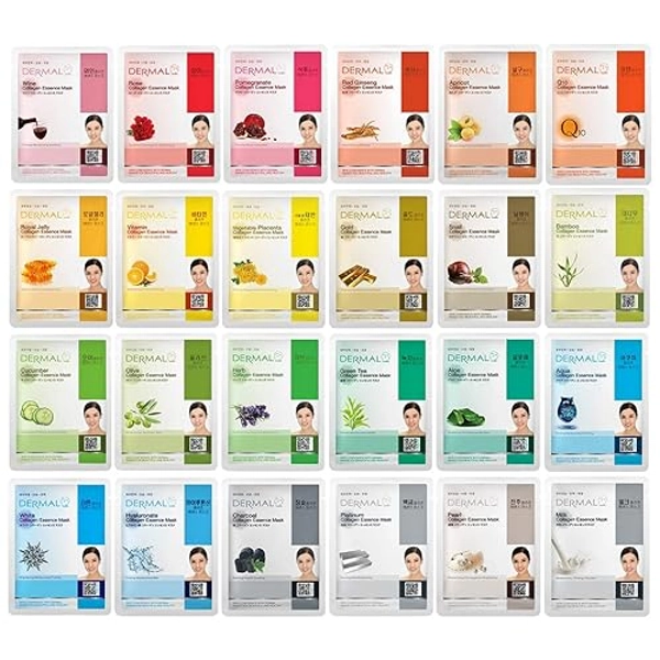 DERMAL 24 Combo Pack A Collagen Essence Korean Face Mask - Hydrating & Soothing Facial Mask with Panthenol - Hypoallergenic Self Care Sheet Mask for All Skin Types - Natural Home Spa Treatment Mask - 24 Pack