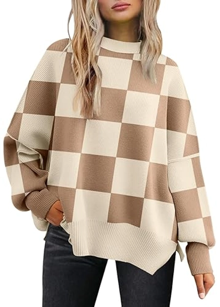 LILLUSORY Women's Oversized Batwing Sweaters 2024 Fall Outfits Crewneck Ribbed Knit Side Slit Trendy Pullover Tops - Large - Checkered Apricot