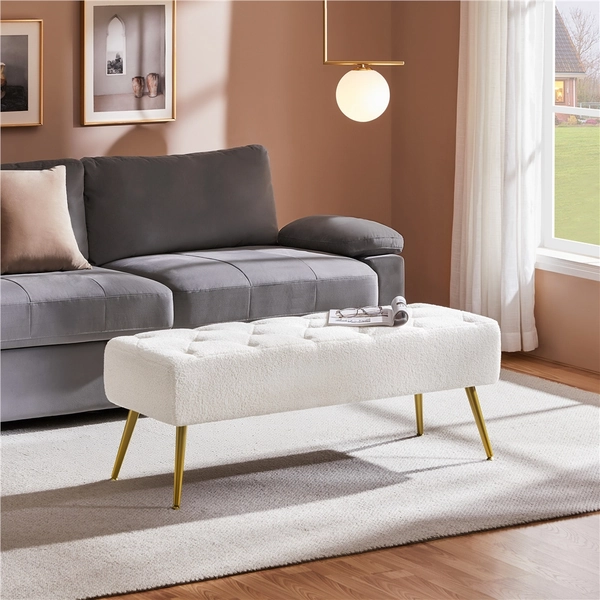 Costoffs Lamb Wool Ottoman Footstool Bench, Modern Button-Tufted Table Bench, Upholstered Footrest Stool with Metal Legs for Living Room, Bedroom