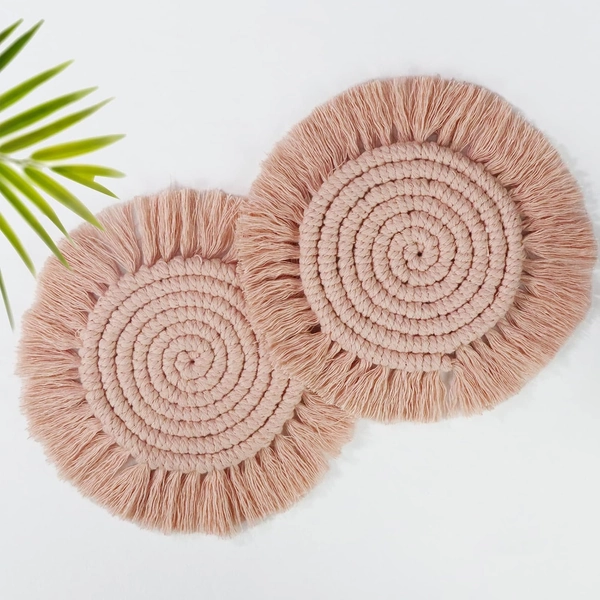 Coasters for Drinks Absorbent, Boho Coasters for Wooden Table, Macrame Coasters, Farmhouse Drink Coaster Set for Kinds of Mugs and Cups, 2PCS Round, Dusty Pink - Dusty Pink (2pcs)