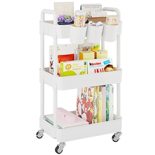 UDEAR 3-Tier Rolling Utility Cart,Multifunctional Storage Shelves with Handle and Lockable Wheels for Room,Office,Kitchen,Bathroom,with 3 Hanging Cups,White - 3 Tier with 3 Cups - White
