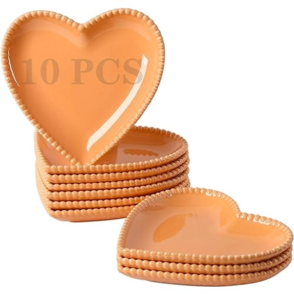 6.3 Inch Porcelain Appetizer Plates Set of 10, Heart Shape Small Dinner Plates,Orange Dessert Salad Plates Serving Dishes for Cake, Snack, Ice Cream, Waffles, Microwave, Oven, Dishwasher Safe, Orange - 6.3 Inch - 10P - Orange