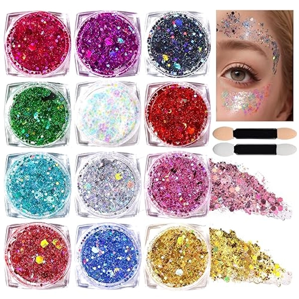 Teenitor Body Glitter Face Glitter Makeup Festival Glitter Gel, 12 Colors Face and Body Glitter Gel, Hair Glitter Gel, Glitter Gel Makeup, Glitter for Face and Hair, Body Makeup - 3mm/1mm/0.2mm