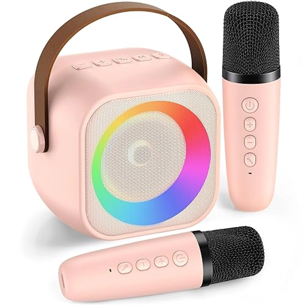 Mini Karaoke Machine for Kids Adults, Portable Bluetooth Speaker with 2 Wireless Microphone, Birthday Gifts for Girls Boys Ages 4, 5, 6, 7, 8, 9, 10, 12+ Years Old (Pinkcolor) - Pinkcolor