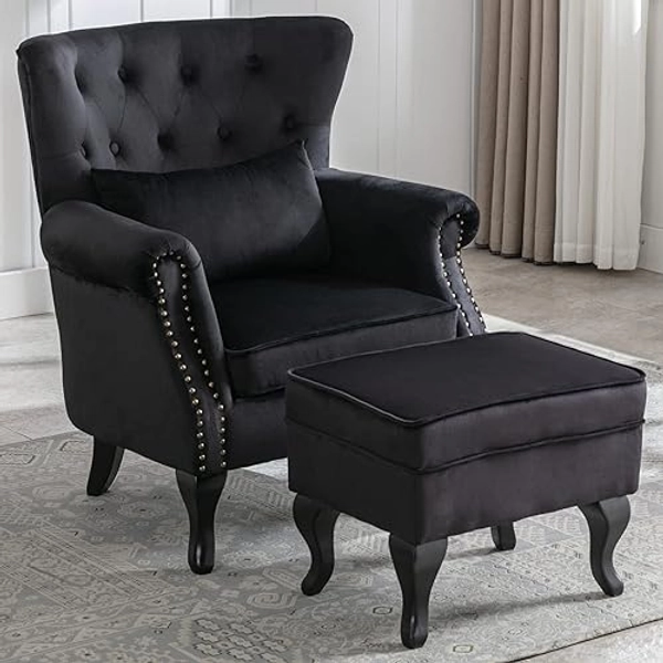 LZAREAL Accent Reading Arm Chairs with Ottoman for Living Room Bedroom, Midcentury Modern Comfy Corner Sofa Chair, Wingback Waiting Room Club Chair with Button Tufted Back &Lumbar Pillow, Velvet Black - Velvet Black - 1 Chair W/ Ottoman