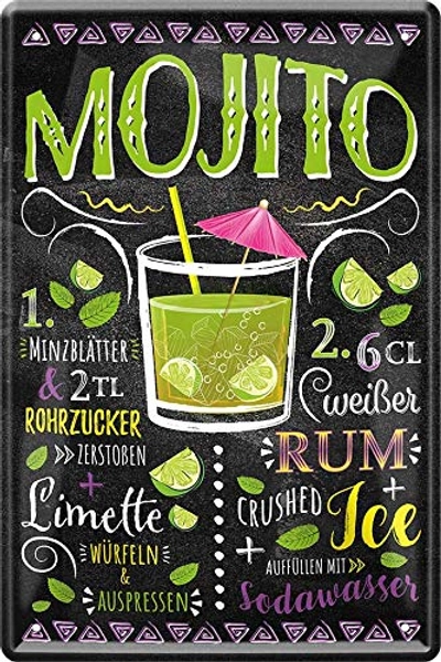 schilderkreis24 - Blechschilder Cocktail Rezept "Mojito" Deko Metallschild Schild für alle Bar Theke oder Pub Besitzer Geschenk zum Geburtstag oder Weihnachten 20x30 cm