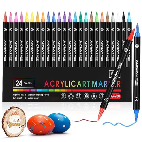 Diboniur 24 Couleurs Feutre Acrylique, Feutres Coloriage Adulte, Double Pointe Stylo Feutre Aquarelle, Acrylic Marker pour Coloriage, Dessin, Peinture, Textile, Calligraphie, Bois, Verre, Pierre - 24