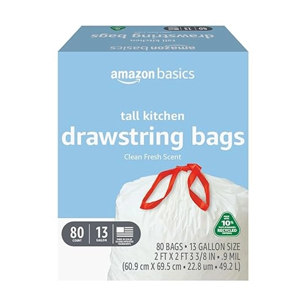 Amazon Basics - Tall Kitchen Trash Bags, 13 Gallon, 10% Post Consumer Recycled Content, Clean Fresh Scent, 80 Count, Pack of 1 - White - 1 Count (Pack of 80)
