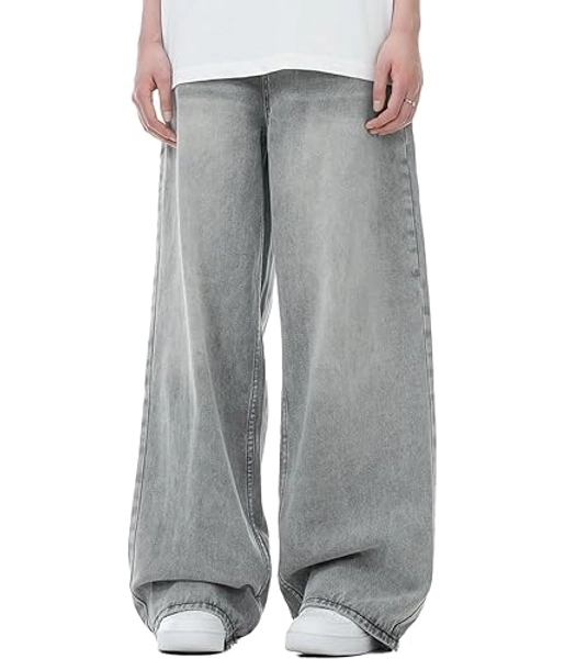 MAVQX Unisex Y2K Baggy Jeans Hip Hop Skater Jeans Vintage Dance Skateboard Pants Loose Fit Denim Jeans - Large - Grey