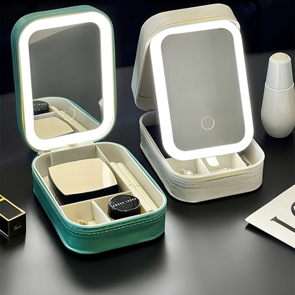 (US Stock)Travel Makeup Jewelry Case With LED Mirror, Small Makeup Bag With Lighted Mirror, Three-Color Adjustable Makeup Mirror Storage Box, Portable Organizer Vanity Case For Women Beauty Tools, Thanksgiving, Christmas Gift For Women