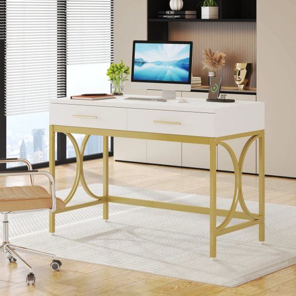 Everly Quinn 41 in Computer Desk With Two Drawers, White and Gold Modern Study Writing Desk "& Reviews" | Wayfair