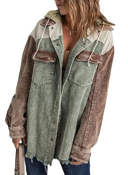 Dokotoo Womens 2024 Fall Corduroy Shacket Jacket Long Sleeve Button Down Color Block Hooded Coat with Pockets - Large - Green