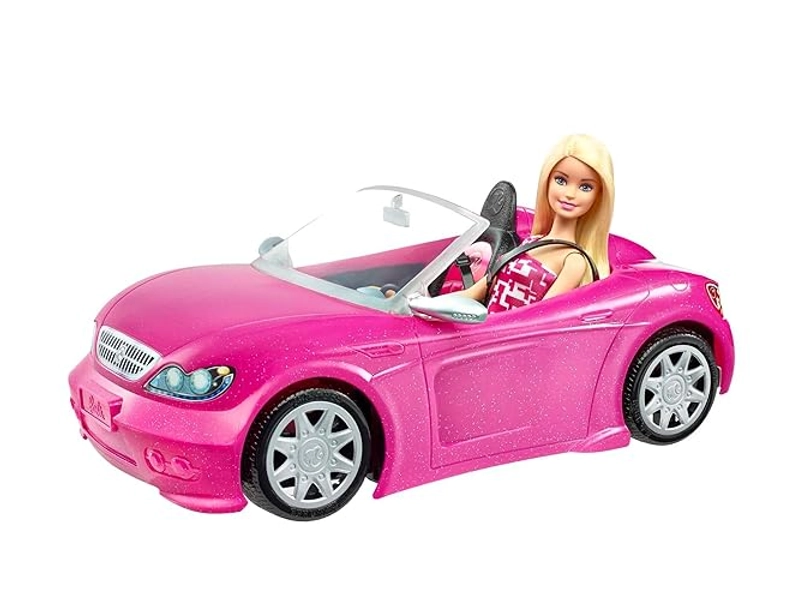 Barbie Playset with Sparkly Pink 2-Seater Toy Convertible Car Featuring Glam Details & Fashion Doll in Sundress & Sunglasses (Amazon Exclusive)