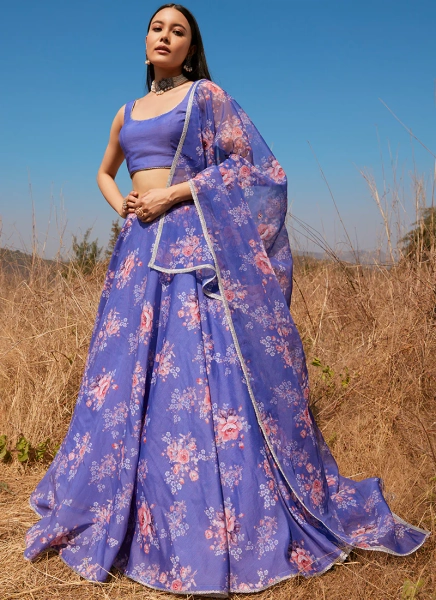 Periwinkle Floral Chanderi Lehenga | Default Title