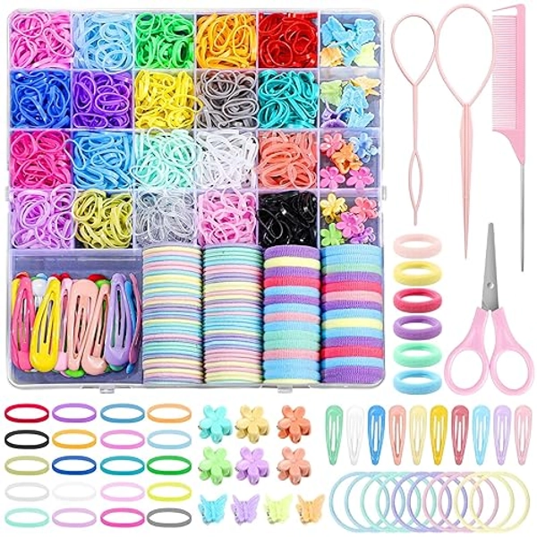 auroray Hair Accessories for Girl, 1543 Pcs Elastic Hair Rubber Bands Set 20 Colors Elastic Hair Ties with Organizer Box Cotton Baby Hair Ties, Hair Tail Tools, Rat Tail Comb, Butterfly Hair Clips - Multicolor