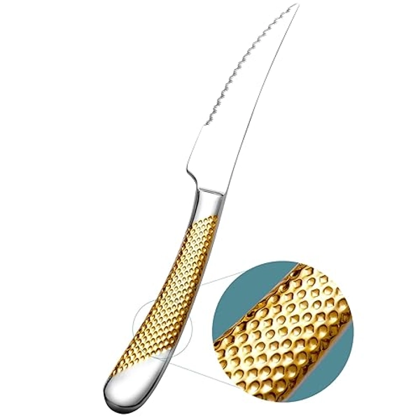 Xideman® Innovative ultrascharf 2-in-1 geschmiedete Messer für dinner und Steak. 6 Stück Hohem Kohlenstoffgehalt Edelstahl Steakmesser, 23cm gehämmert Solider Griff gezahntes Tafelmesser (Silber Gold) - Silber Gold