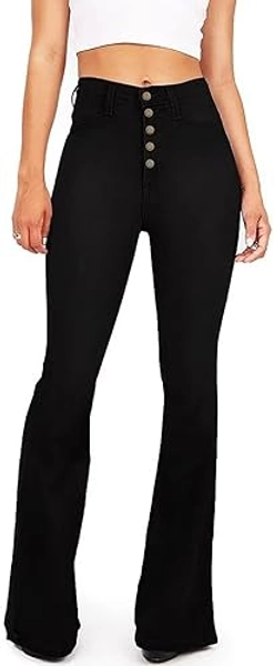 KDF Flare Jeans for Women Women's Bootcut Bell Bottom Jeans High Waisted Stretch Slimming Bell Bottoms Jeans - 12 - Black_5buttons