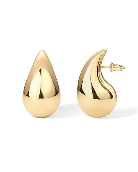 PAVOI 14K Gold Plated 925 Sterling Silver Post Teardrop Chunky Hoop Earrings - Lightweight Drop Earrings for Women - Designer Dupe - Yellow Gold - 22 Millimeters