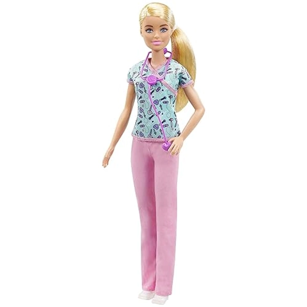 Barbie Careers Fashion Doll & Accessory, Nurse Wearing Print Top, Pink Pants & White Shoes with Stethoscope - Pink