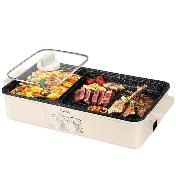Food Party Hot Pot Electric Grill 2 in 1 Korean BBQ Grill Indoor Smokeless Hotpot Pot Electric Cooker Sahabu Shabu Pot Non Stick (Large) - Large