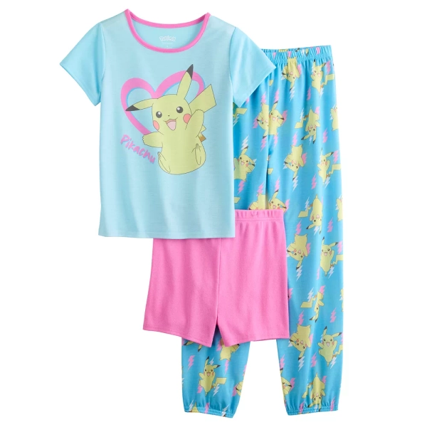 Girls 4-10 Pokemon Pikachu 3-Piece Pajama Top, Pajama Shorts & Pajama Pants Set