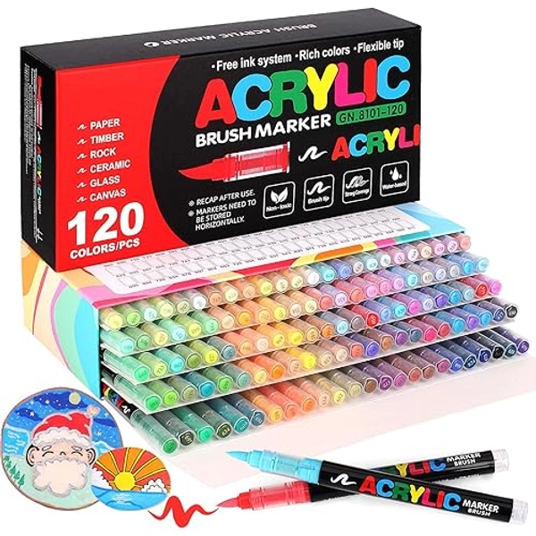 Laconile 120 Couleurs Feutre Acrylique, stylos acryliques à pointe pinceau pour le coloriage adulte ，Acrylic Paint Markers pour Coloriage, Calligraphie, Bois, Toile, Verre, Céramique - 120