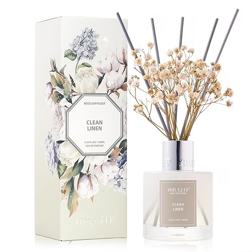 Airkeep Reed Diffuser Set,3.38 fl oz (100 ml) - Clean Linen Oil Diffusers with 8 Reed Sticks,Home Fragrance Reed Diffuser for Bathroom Shelf Decor - Clean Linen - 3.38Ounce/1pack