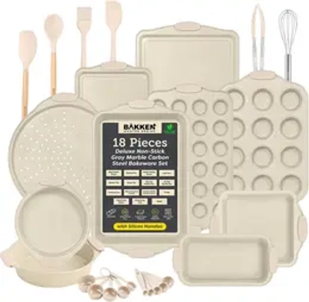 18-Piece Deluxe Nonstick Carbon Steel Bakeware Set - Professional Kitchen Oven Baking Pans with White Silicone Handles and Accessories
